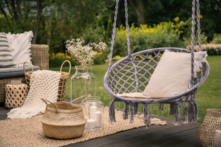Pillow On Hanging Chair And Basket On Carpet In The Garden Durin