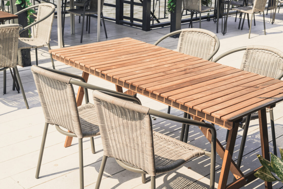 Empty Outdoor Patio Table And Chair In Restaurant