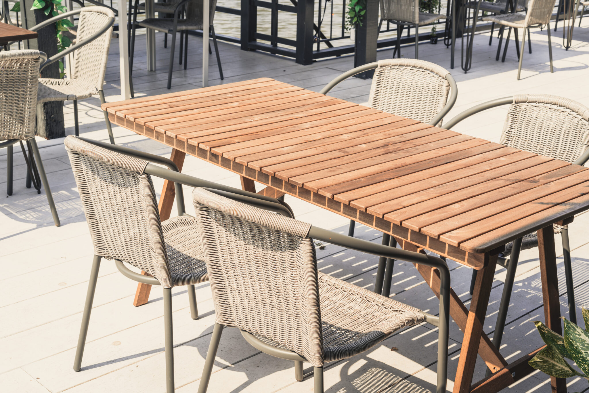 Empty Outdoor Patio Table And Chair In Restaurant