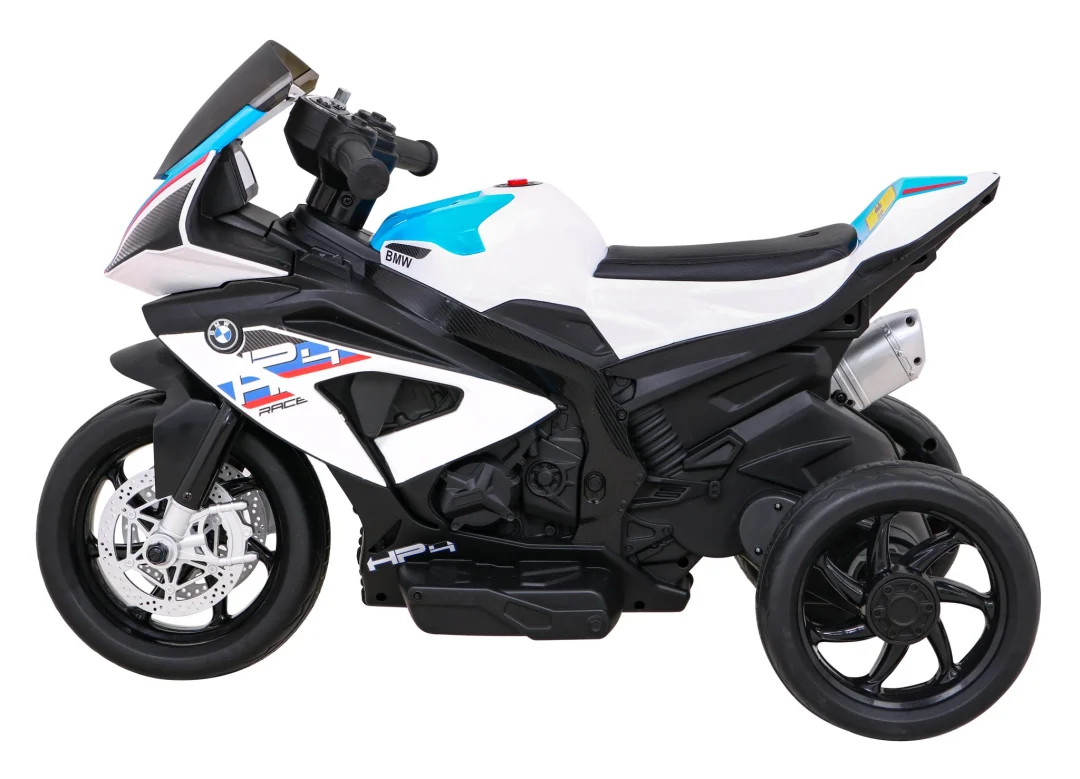 BMW HP4 Dječji motocikl na baterije, bijeli + 3 kotača + LED + MP3 USB + eko koža, bijela motor na akumulator_4