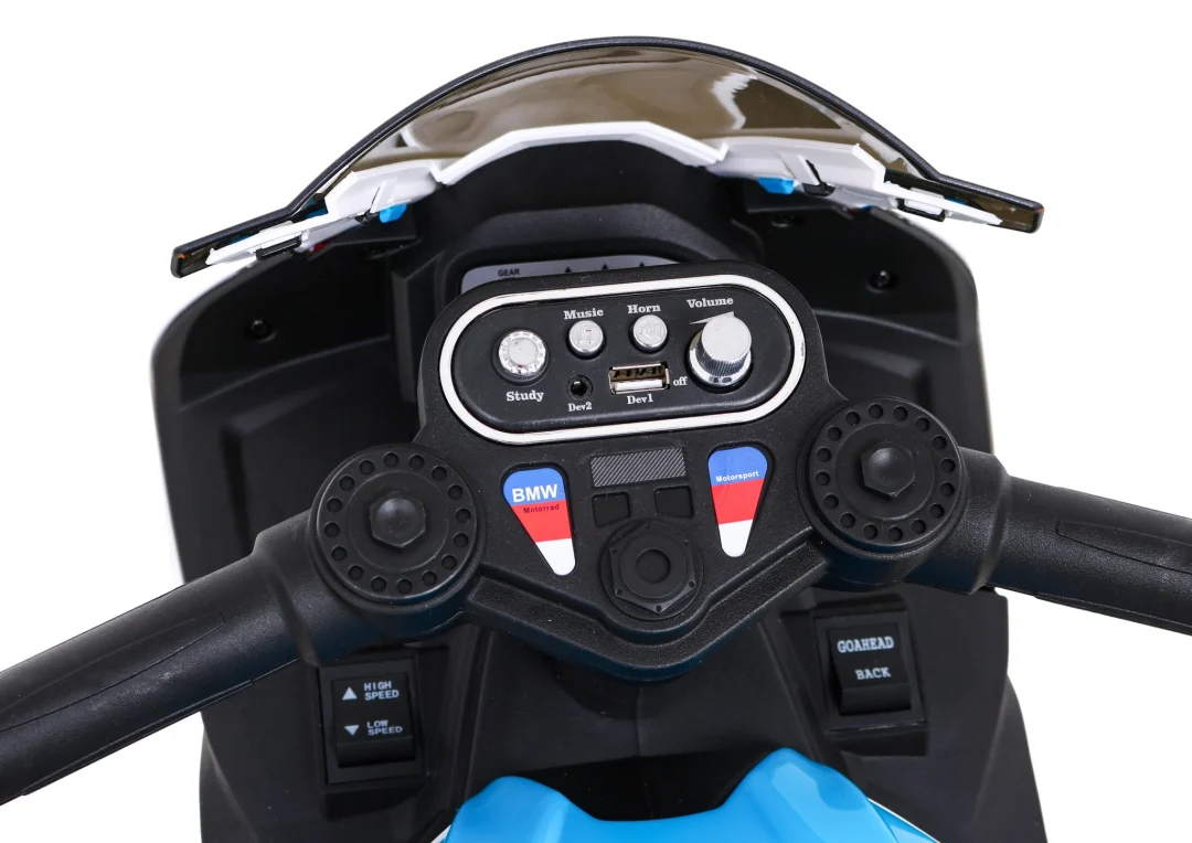 BMW HP4 Dječji motocikl na baterije, plavi + 3 kotača + LED + MP3 USB + eko koža, plava motor na akumulator_8