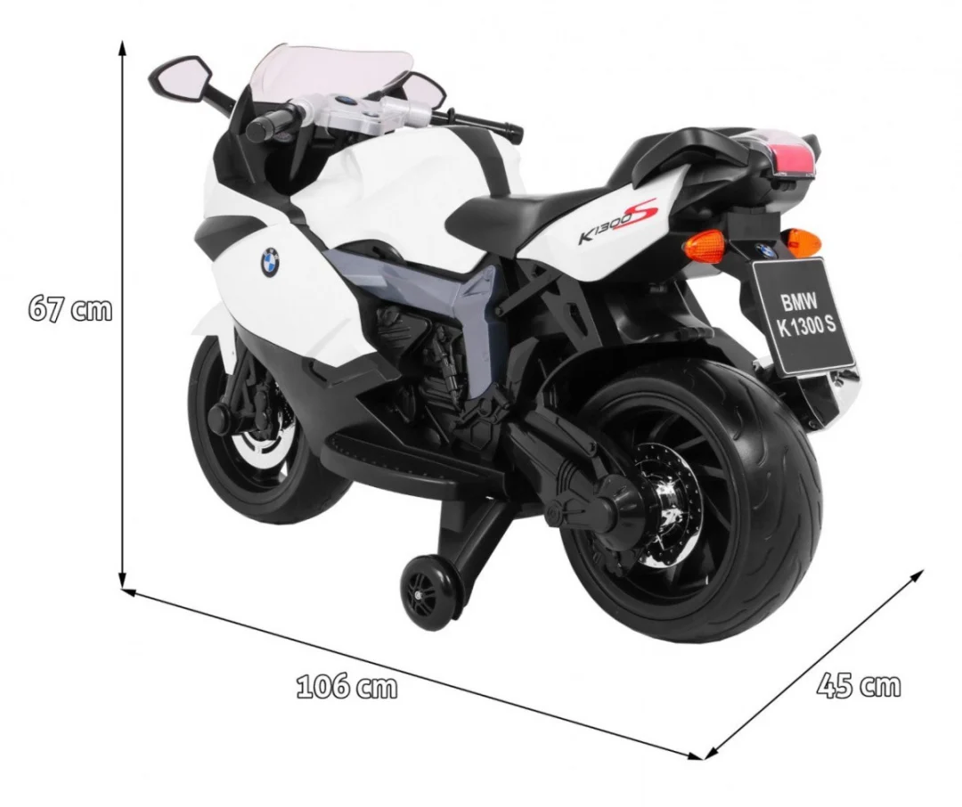 BMW K1300S Dječji motocikl na baterije, bijeli + pomoćni kotači + zvukovi, svjetla + spori, bijela_2
