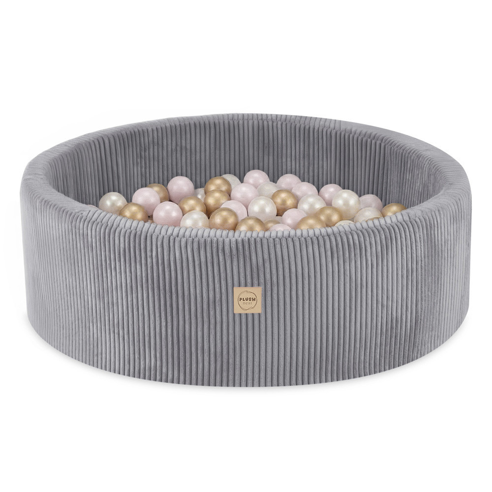 Bazen s lopticama Plush Nest, sivi, okrugli, vrhunski kord, 90x30, 200 loptica: biserna, svijetlo ružičasta, zlatna_1