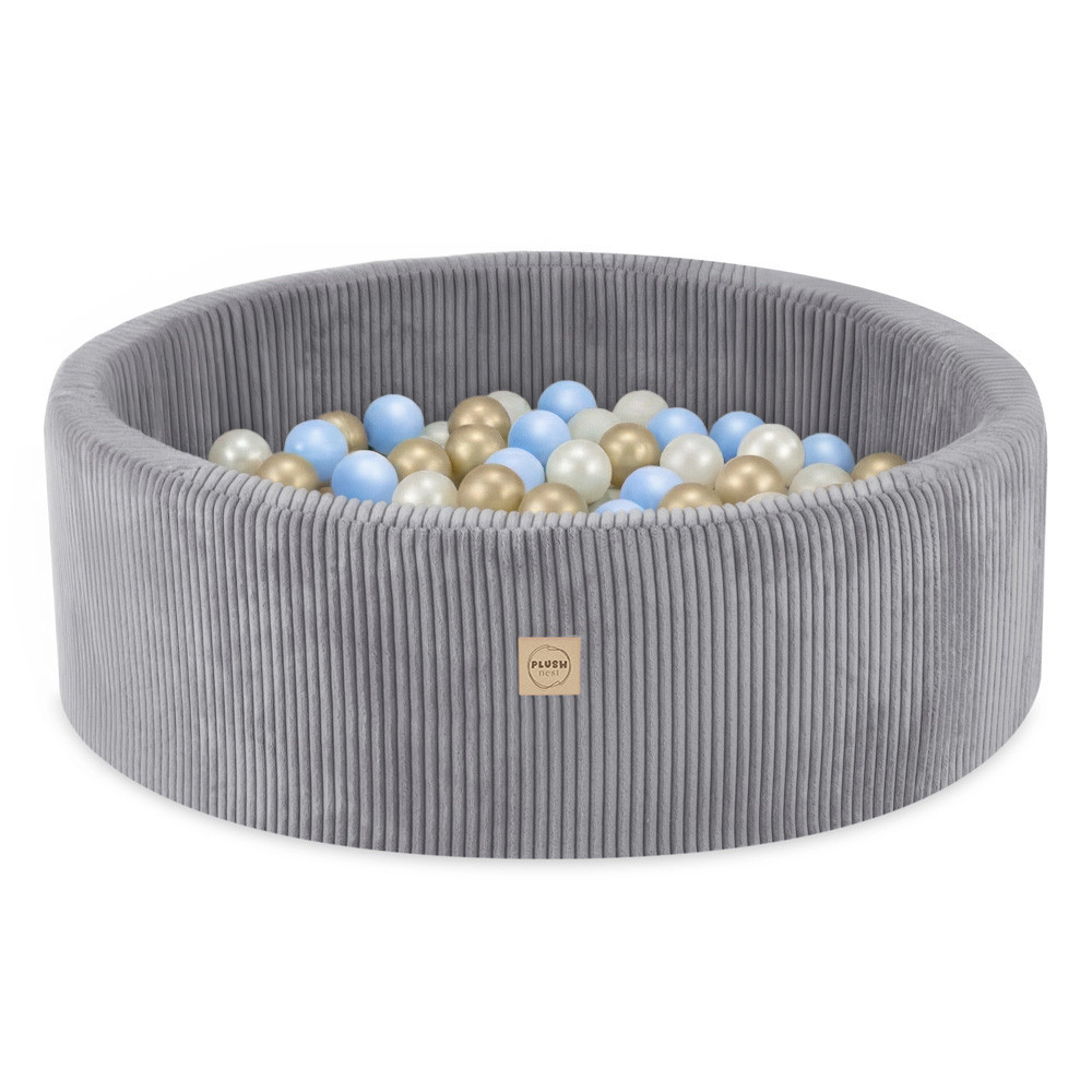 Bazen s lopticama Plush Nest, sivi, okrugli, vrhunski kord, 90x30, 200 loptica: biserna, svijetloplava, zlatna_1