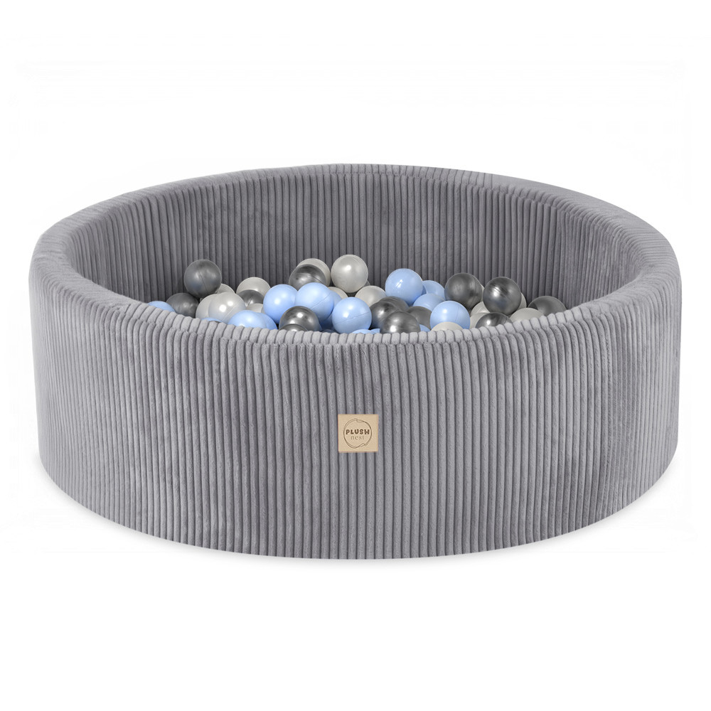 Bazen s lopticama Plush Nest, svijetlosiva, okrugla, korduroja, 90x30, 200 loptica: biserna, svijetloplava, srebrna_1