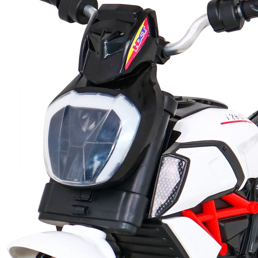 Brzi turistički motocikl na baterije za djecu, bijeli + audio + svjetla + eko koža, bijela motor na akumulator_11