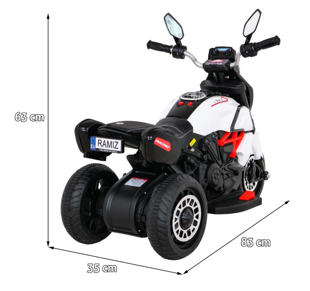 Brzi turistički motocikl na baterije za djecu, bijeli + audio + svjetla + eko koža, bijela motor na akumulator_2
