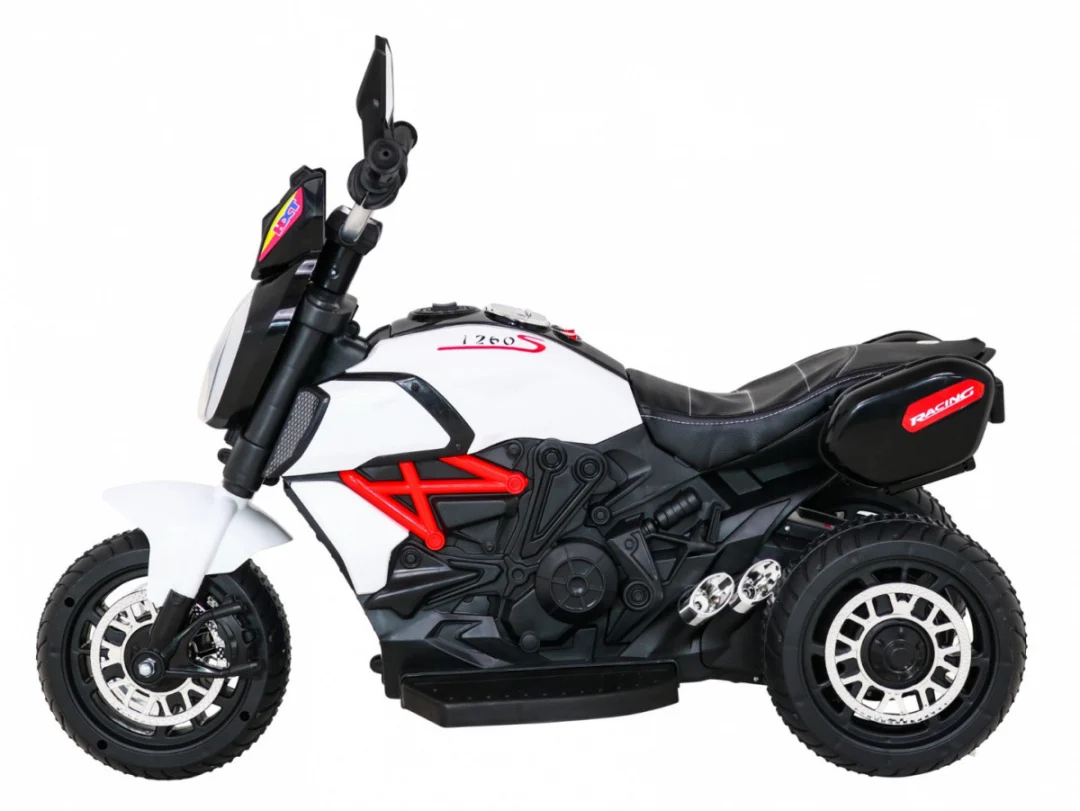 Brzi turistički motocikl na baterije za djecu, bijeli + audio + svjetla + eko koža, bijela motor na akumulator_4