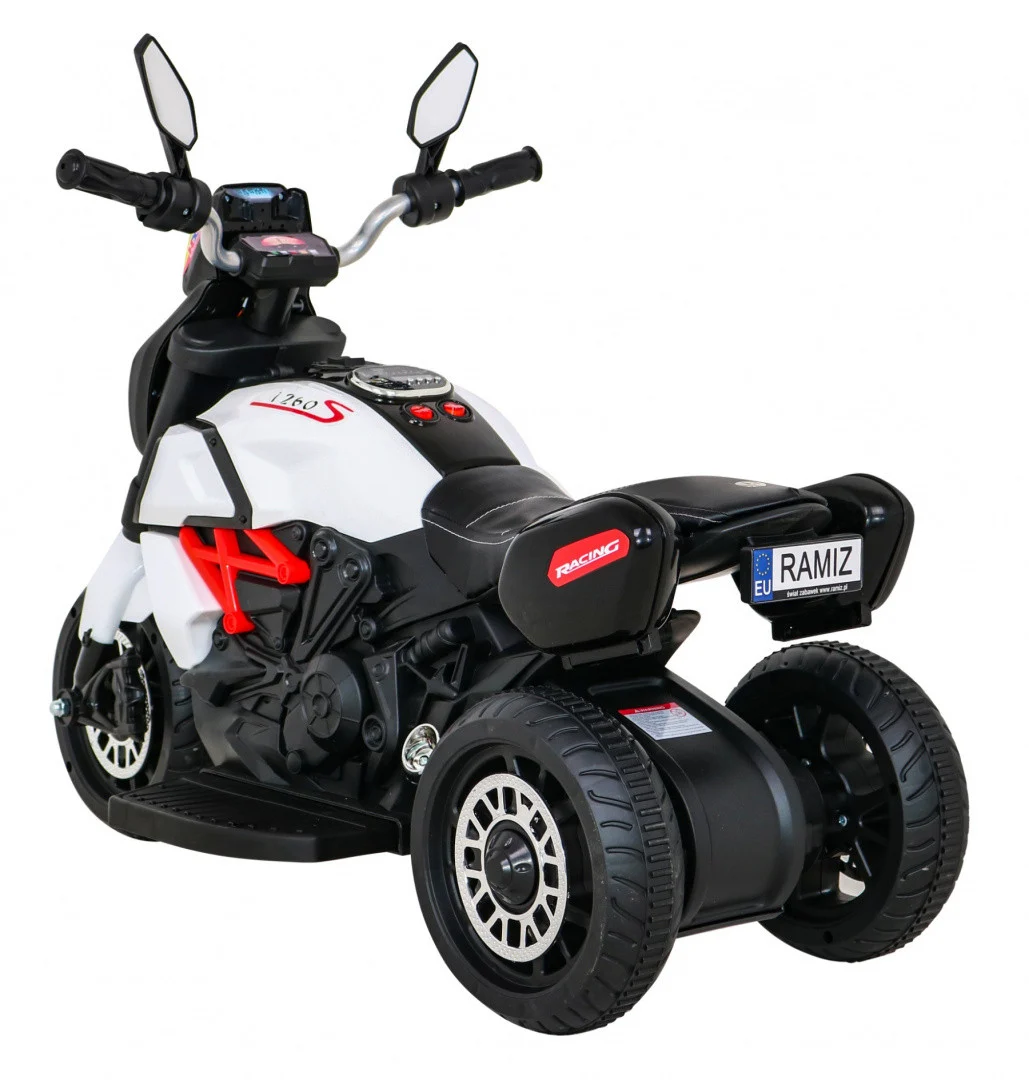 Brzi turistički motocikl na baterije za djecu, bijeli + audio + svjetla + eko koža, bijela motor na akumulator_5