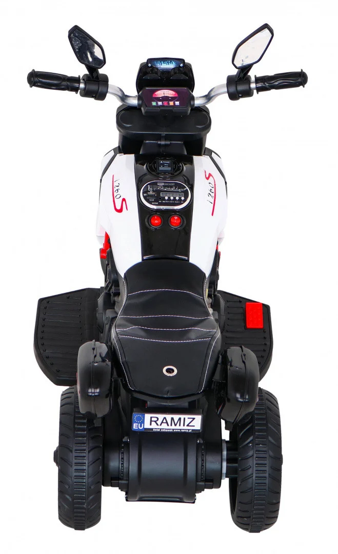 Brzi turistički motocikl na baterije za djecu, bijeli + audio + svjetla + eko koža, bijela motor na akumulator_7