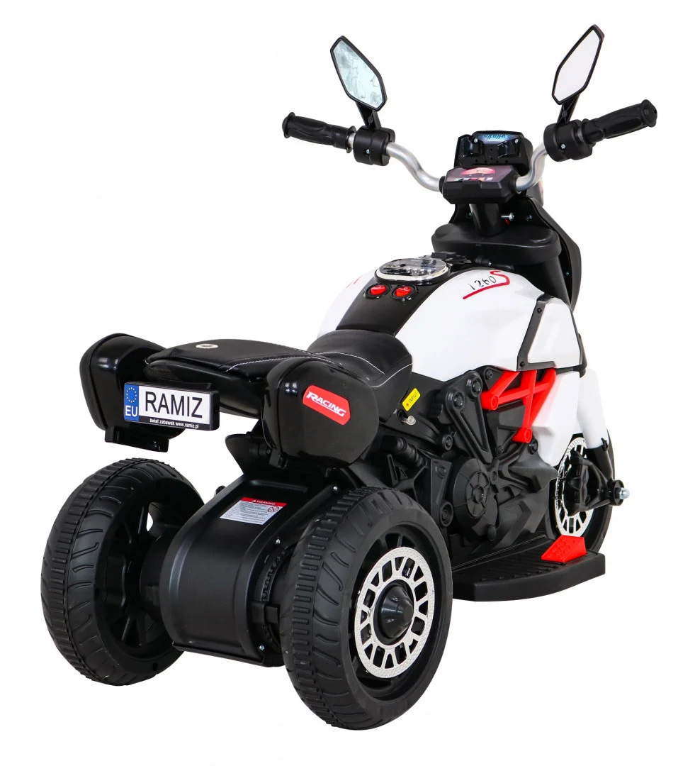 Brzi turistički motocikl na baterije za djecu, bijeli + audio + svjetla + eko koža, bijela motor na akumulator_8