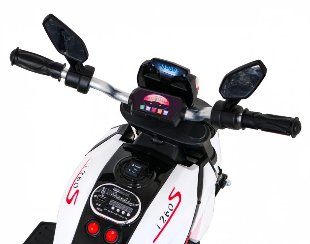 Brzi turistički motocikl na baterije za djecu, bijeli + audio + svjetla + eko koža, bijela motor na akumulator_9