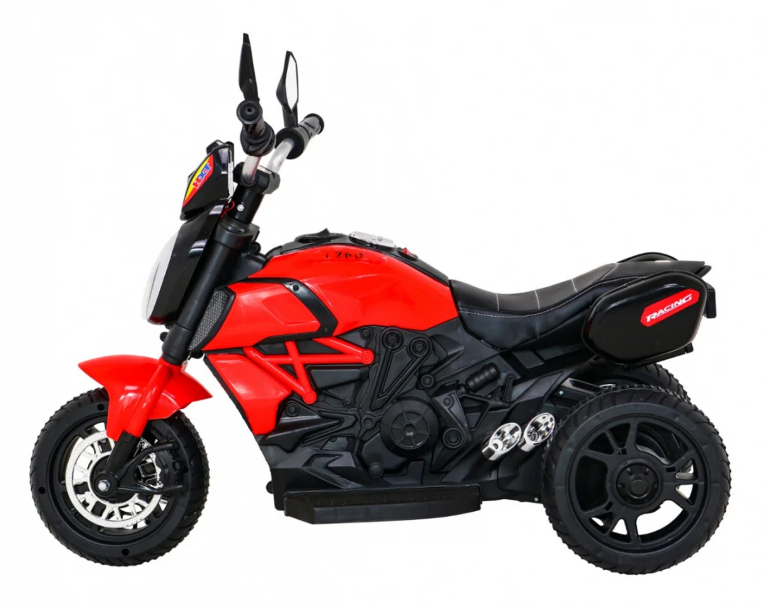 Brzi turistički motocikl na baterije za djecu, crveni + audio + svjetla + eko koža, crvena motor na akumulator_4