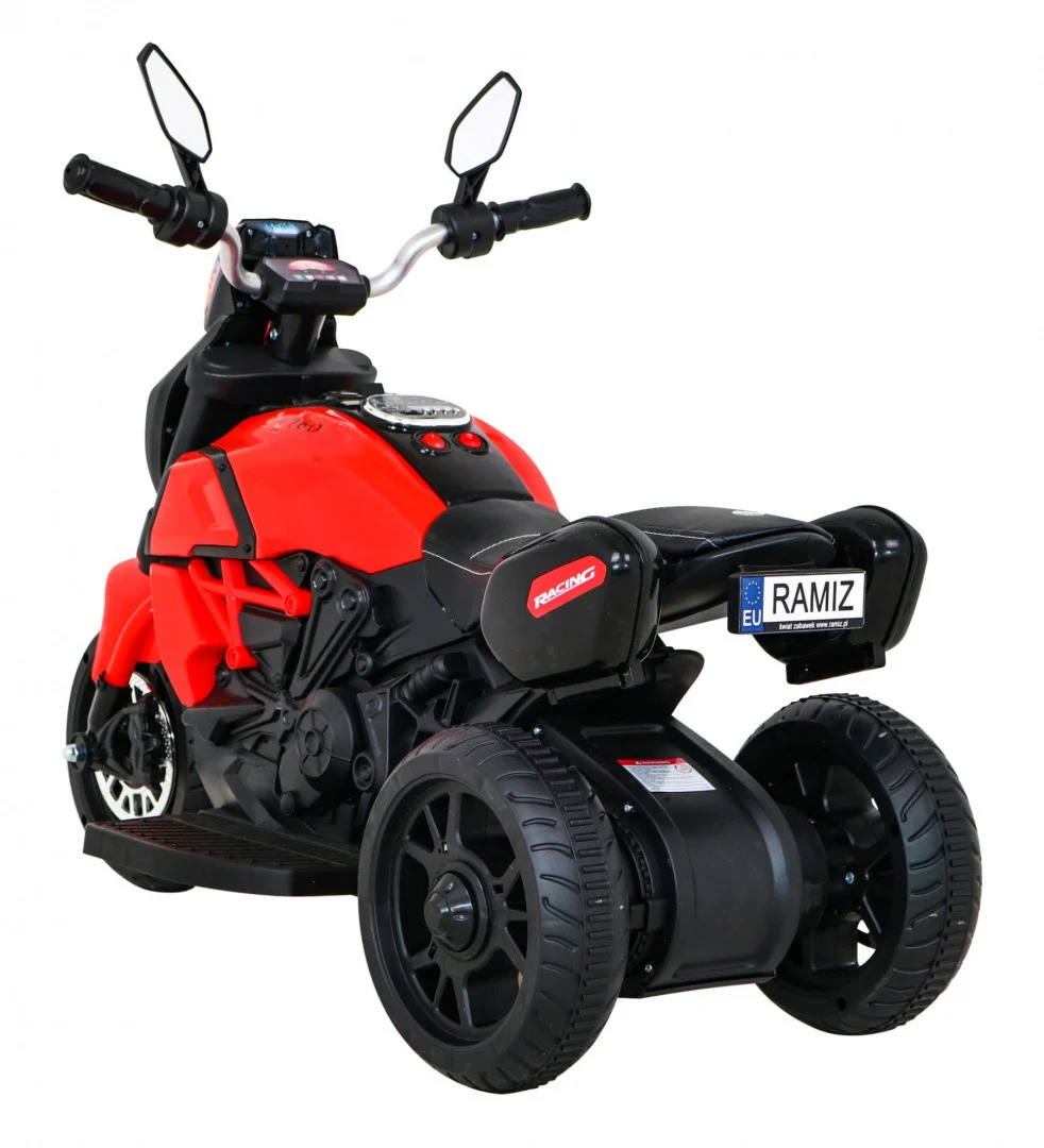 Brzi turistički motocikl na baterije za djecu, crveni + audio + svjetla + eko koža, crvena motor na akumulator_5