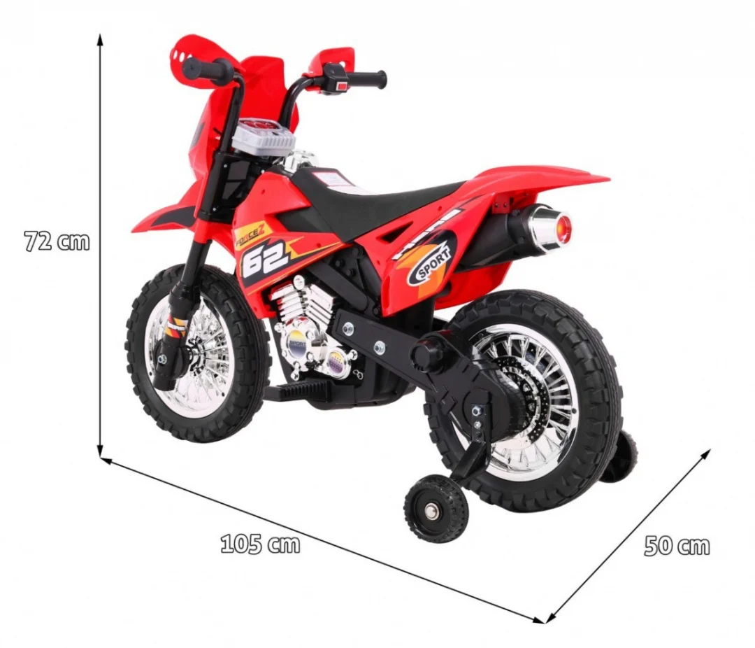 Cross motocikl za djecu na baterije, crveni + pomoćni kotači + LED zvukovi, crvena motor na akumulator_2
