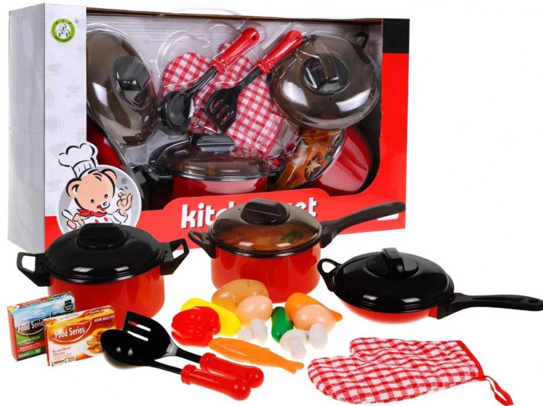 Crveni kuhinjski set za djecu, lonci i hrana, 22 kom, 3+_1