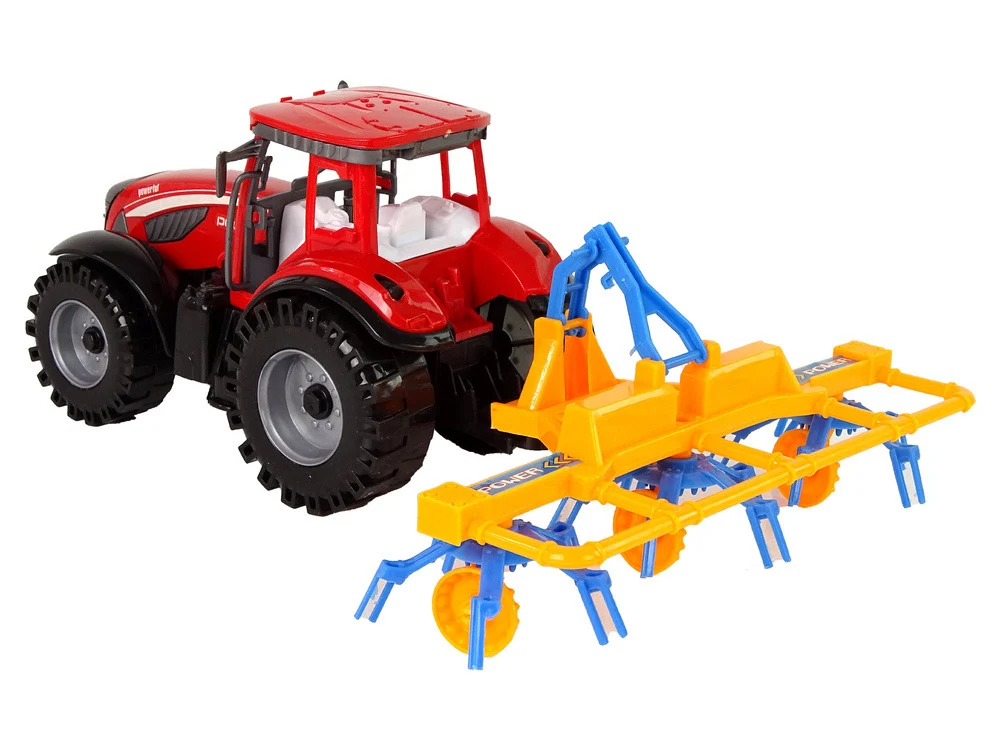 Crveni traktor s pogonom trenja grablja_3