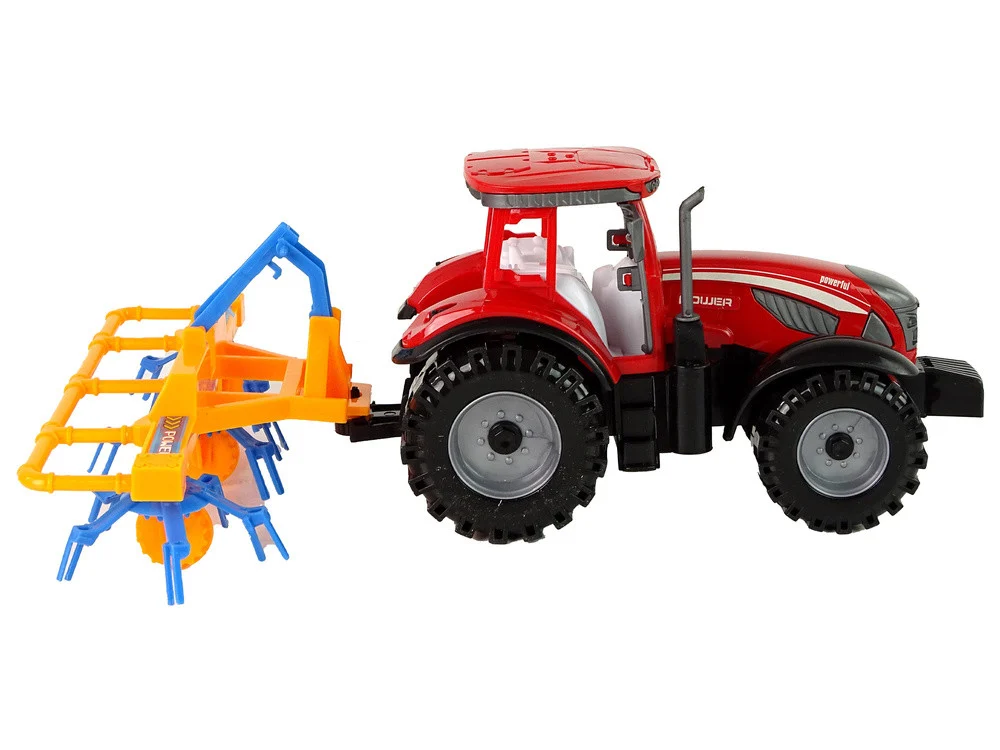 Crveni traktor s pogonom trenja grablja_5