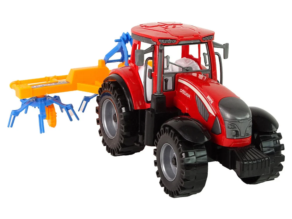 Crveni traktor s pogonom trenja grablja_6