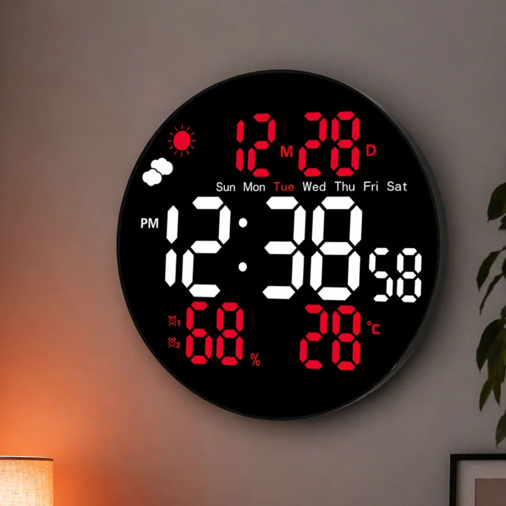 Digitalni LED zidni sat s datumom, temperaturom i vlažnosti, alarmom, daljinskim upravljačem 25 cm_2