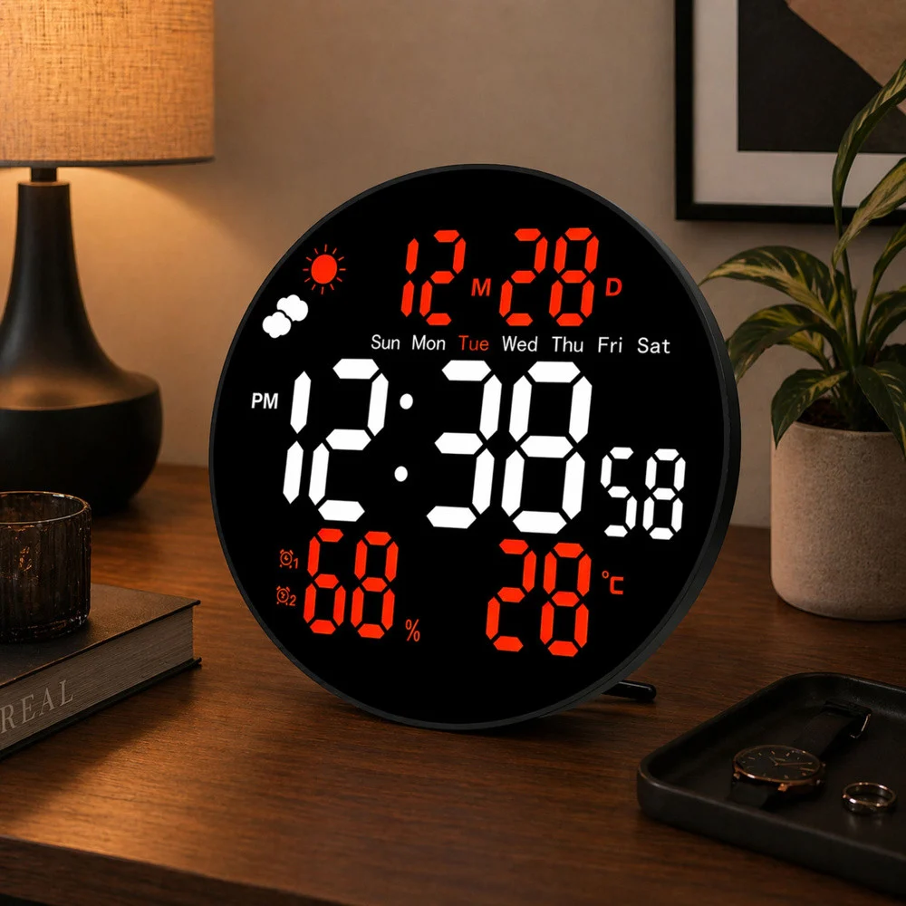Digitalni LED zidni sat s datumom, temperaturom i vlažnosti, alarmom, daljinskim upravljačem 25 cm_4