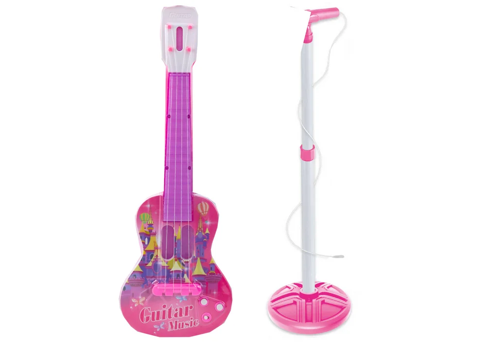 Dječja električna gitara s mikrofonom i stalkom, ružičasta_2