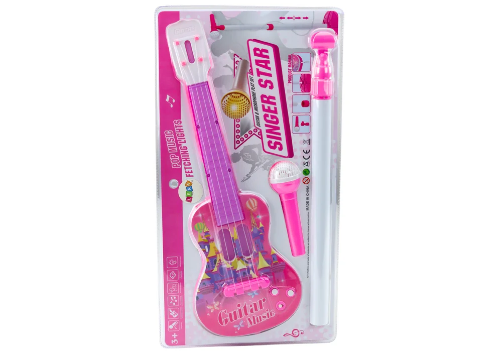 Dječja električna gitara s mikrofonom i stalkom, ružičasta_3