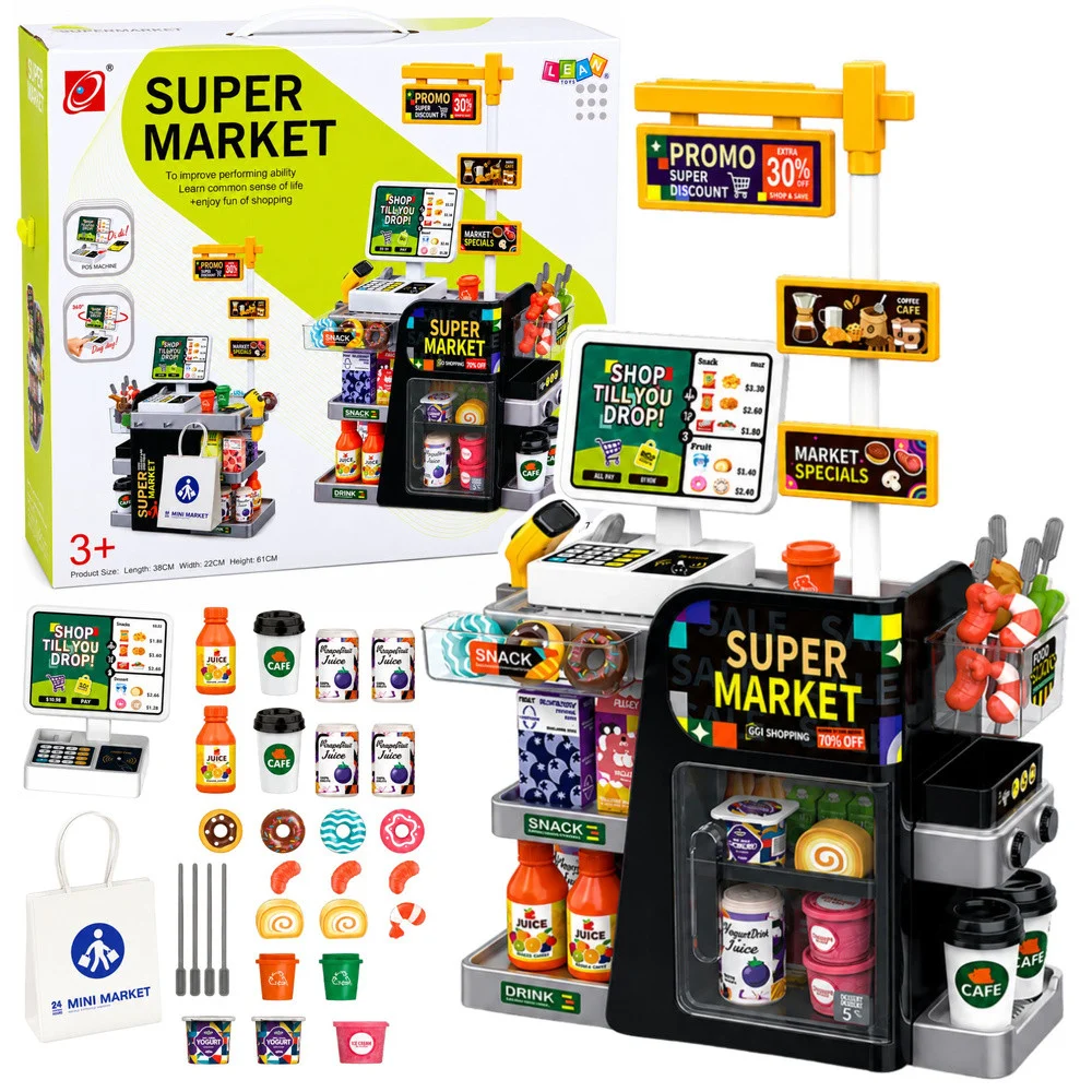 Dječji supermarket set s blagajnom, skenerom i dozatorom pića, 65 kom_1