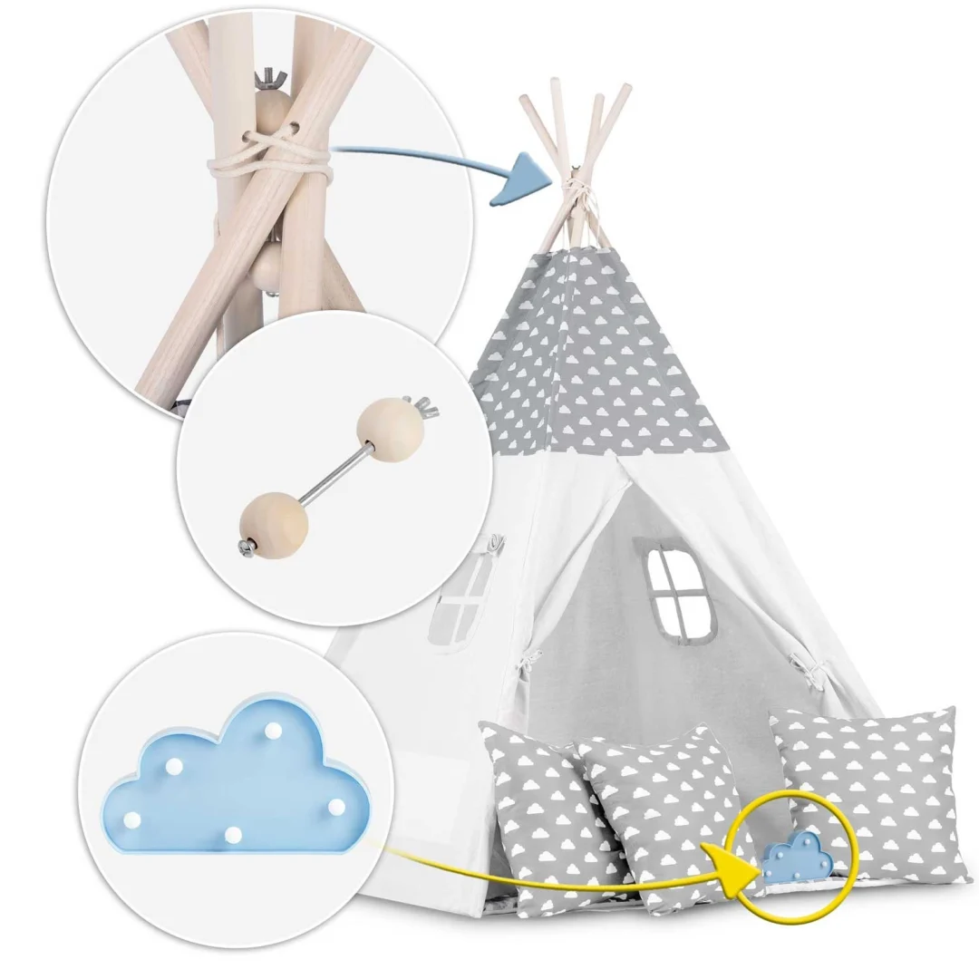 Dječji teepee šator s girlandom i svjetlima - svijetlo sivi s oblacima_11