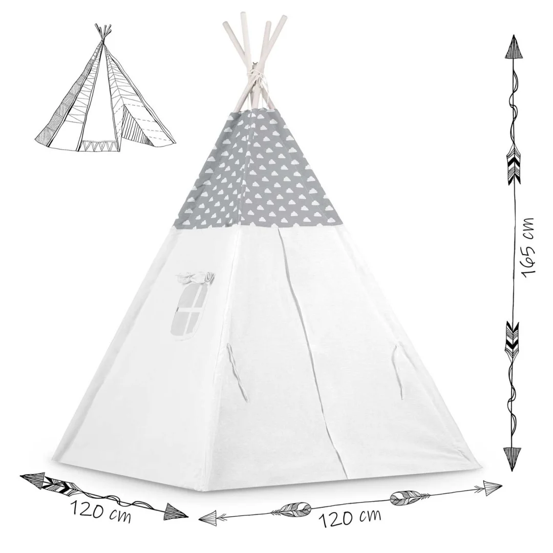 Dječji teepee šator s girlandom i svjetlima - svijetlo sivi s oblacima_12