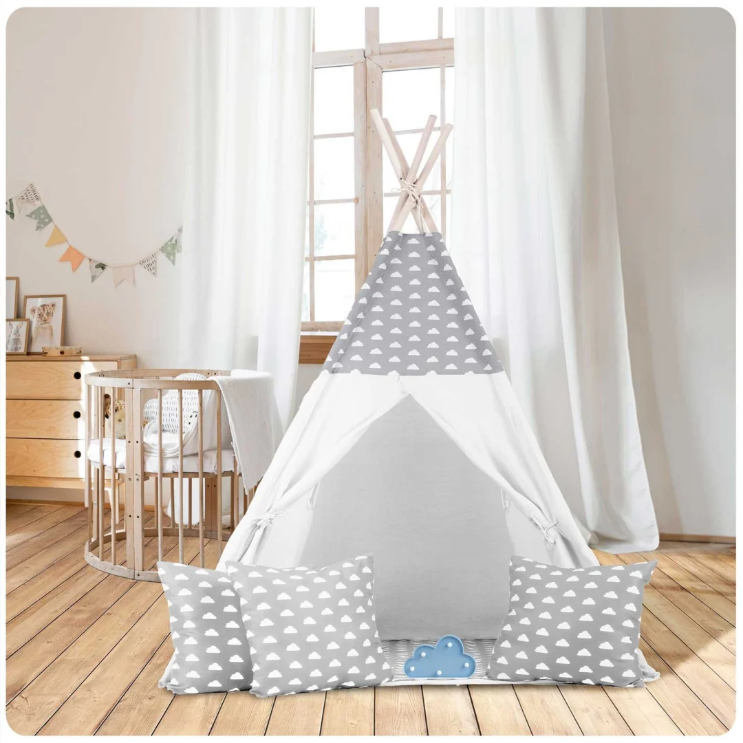 Dječji teepee šator s girlandom i svjetlima - svijetlo sivi s oblacima_14