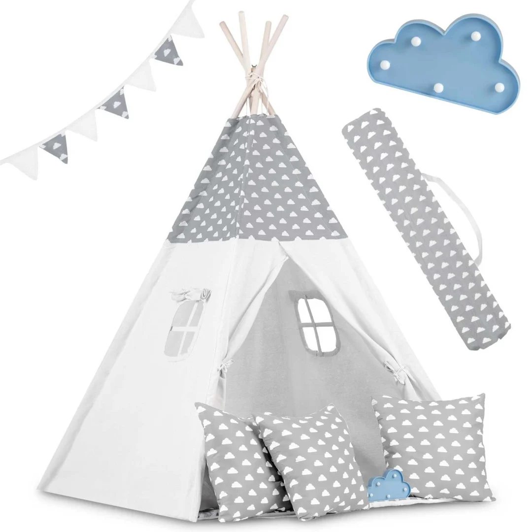 Dječji teepee šator s girlandom i svjetlima - svijetlo sivi s oblacima_16