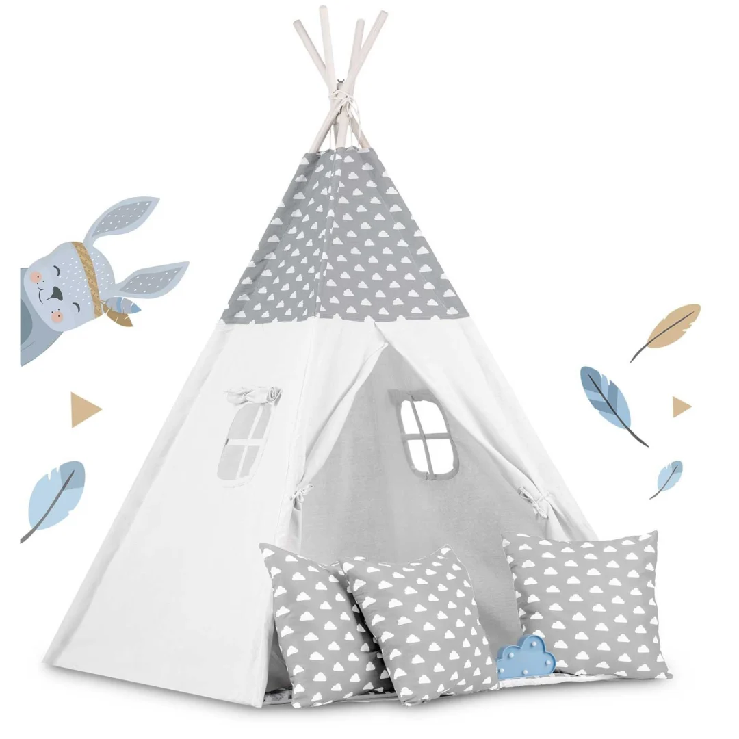Dječji teepee šator s girlandom i svjetlima - svijetlo sivi s oblacima_2