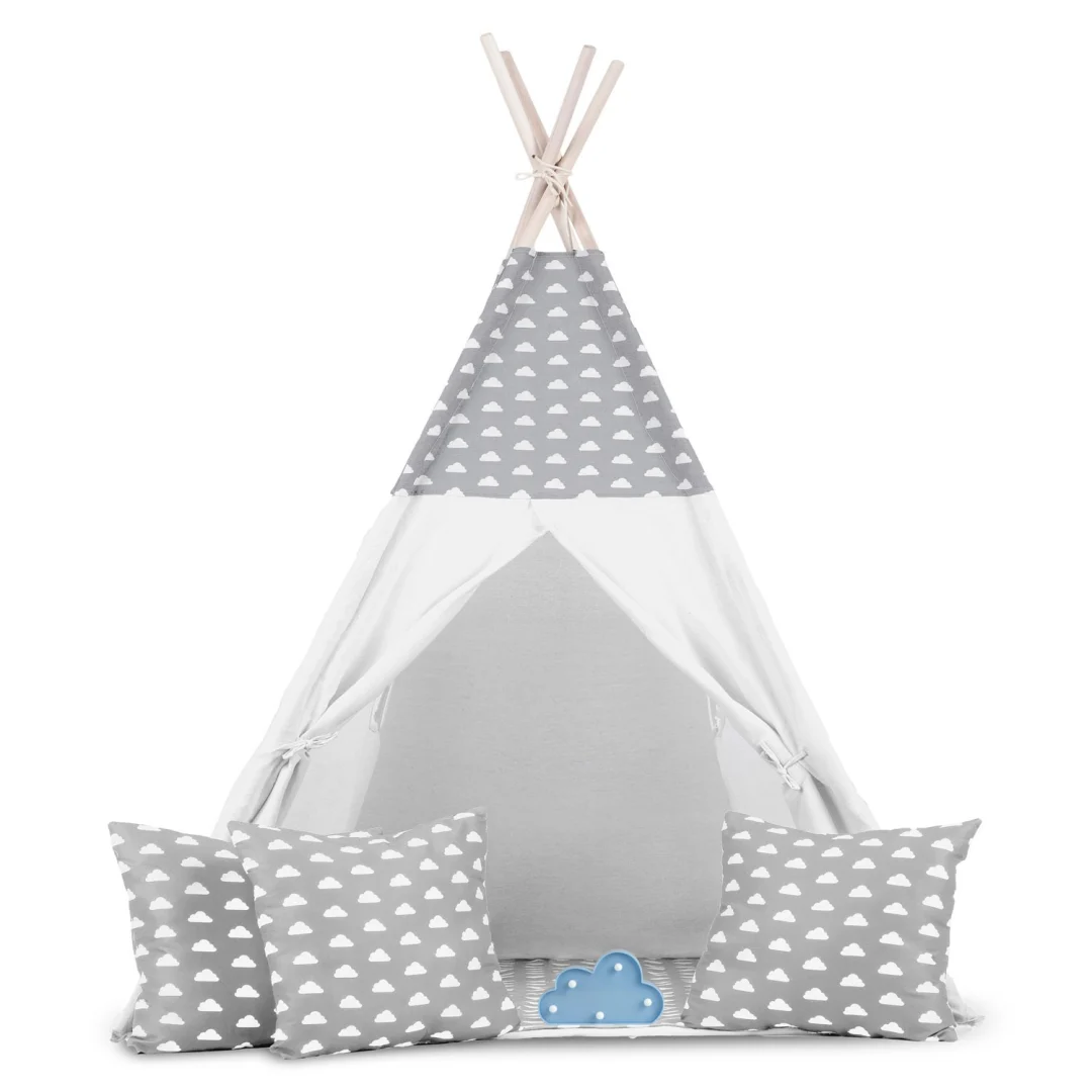 Dječji teepee šator s girlandom i svjetlima - svijetlo sivi s oblacima_3