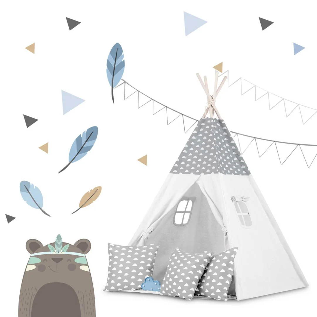 Dječji teepee šator s girlandom i svjetlima - svijetlo sivi s oblacima_4