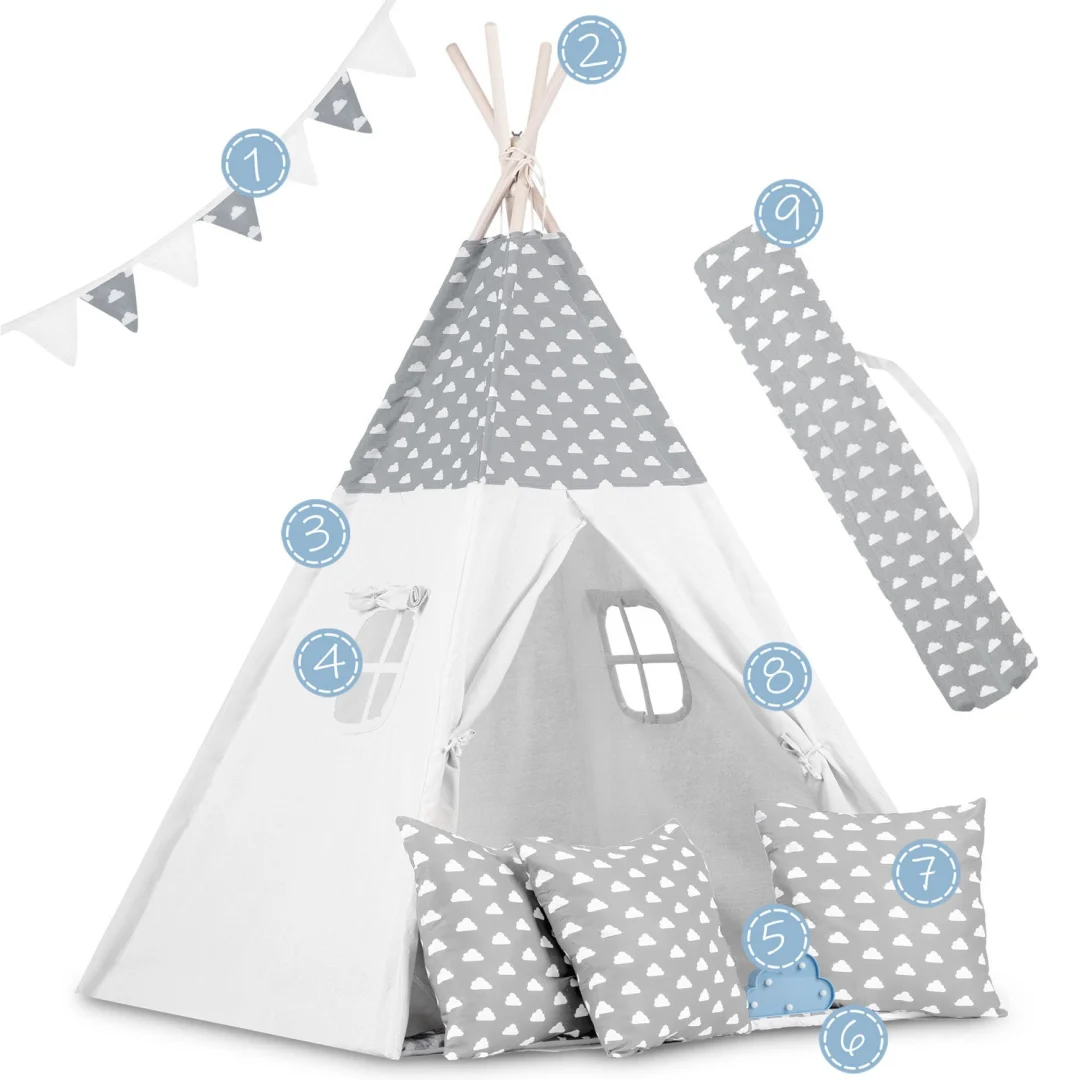 Dječji teepee šator s girlandom i svjetlima - svijetlo sivi s oblacima_5