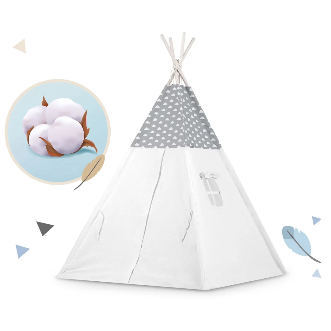 Dječji teepee šator s girlandom i svjetlima - svijetlo sivi s oblacima_6
