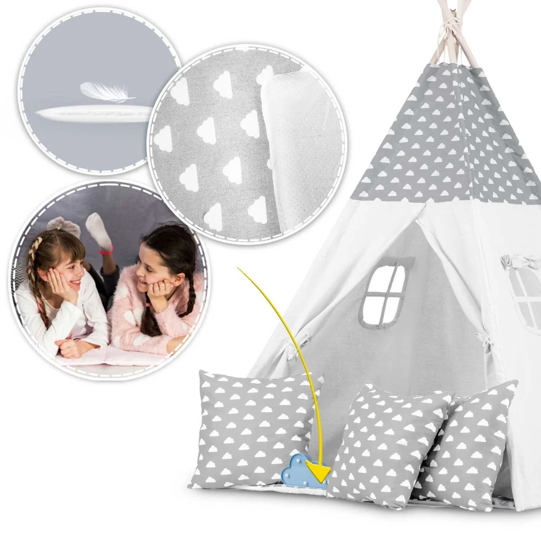 Dječji teepee šator s girlandom i svjetlima - svijetlo sivi s oblacima_9