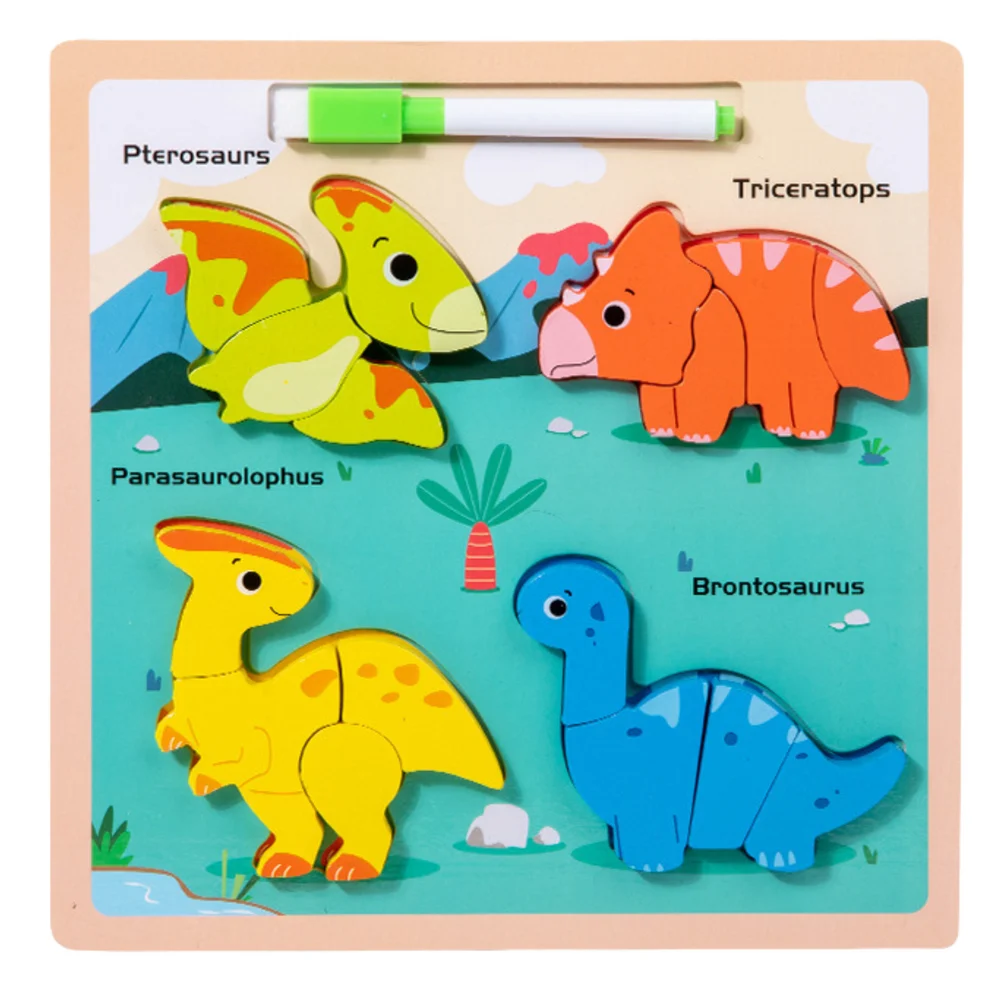 Drvena ploča za slaganje 2 u 1 s dinosaurima, edukativni marker_2