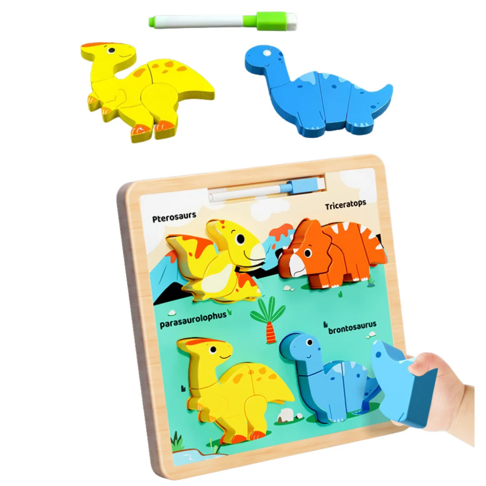Drvena ploča za slaganje 2 u 1 s dinosaurima, edukativni marker_4