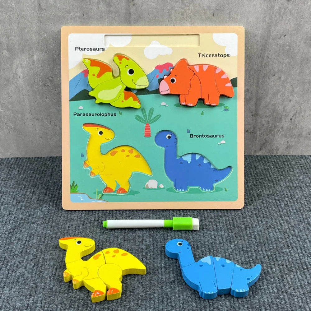 Drvena ploča za slaganje 2 u 1 s dinosaurima, edukativni marker_5