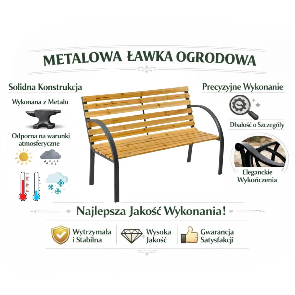 Drveno-metalna vrtna klupa s naslonom, park stil, 125 cm_6