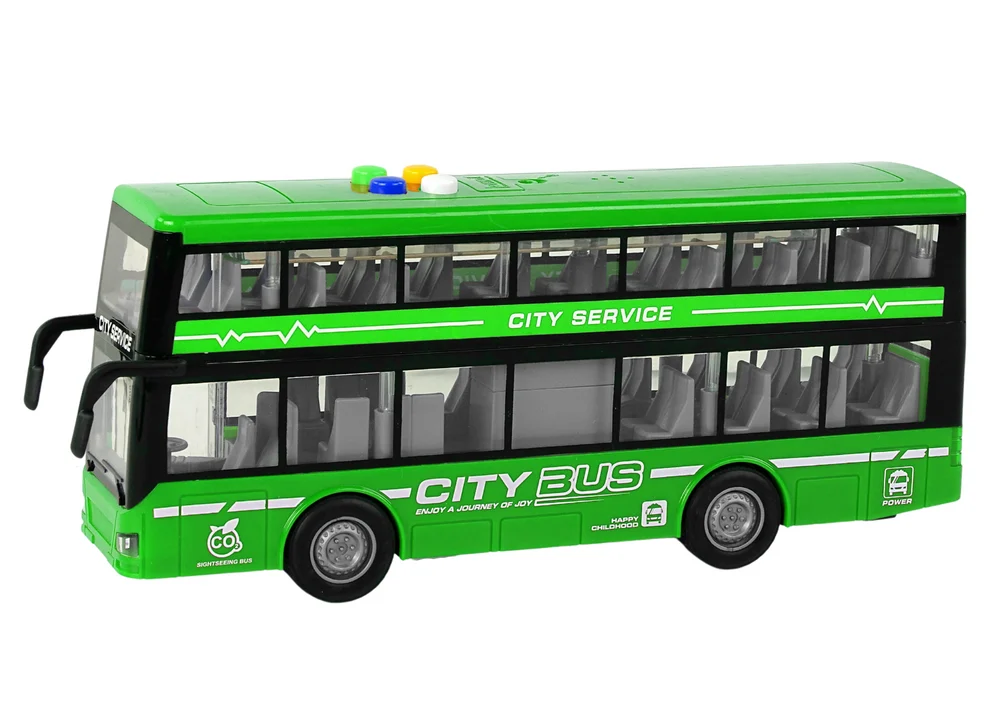 Dvokatni autobus na baterije, svjetla, zvukovi, trenje, pogon, zelena boja_2