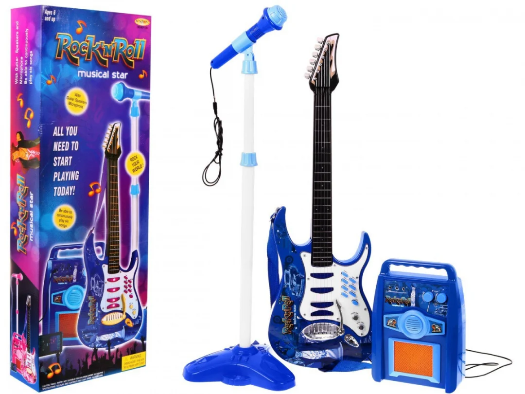 Gitara s priborom za djecu 6+ plavi set + pojačalo + mikrofon_1