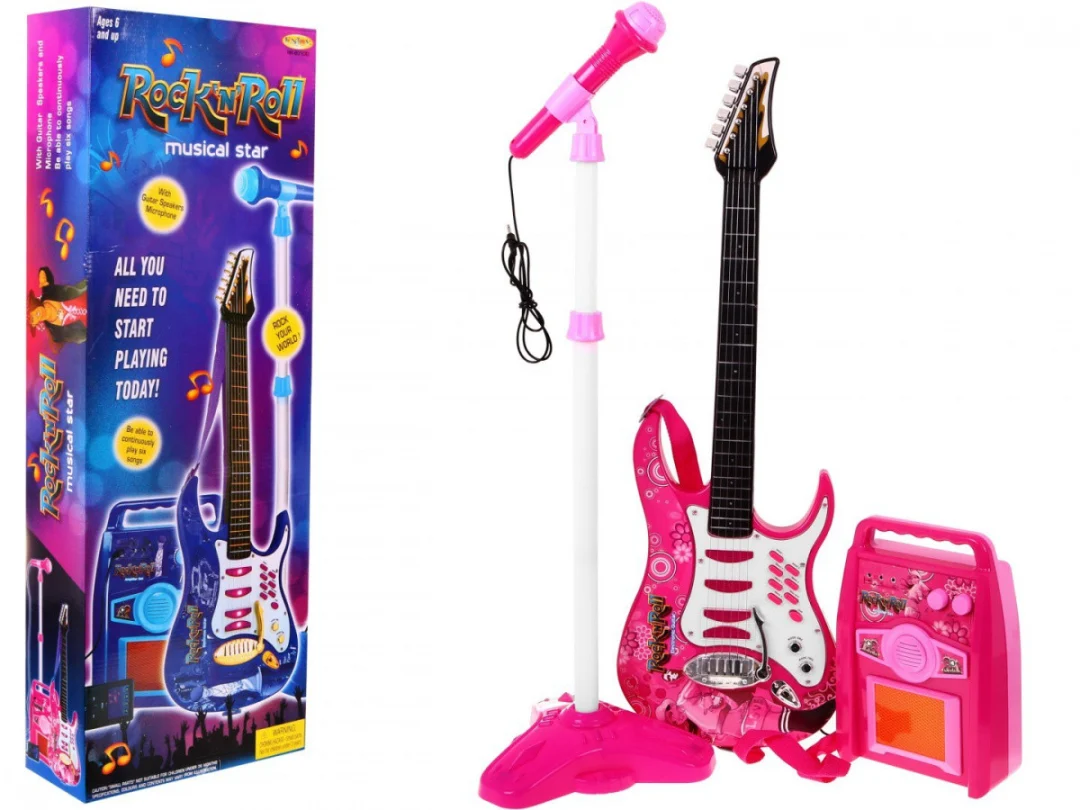 Gitara s priborom za djecu 6+ ružičasti set + pojačalo + mikrofon_1