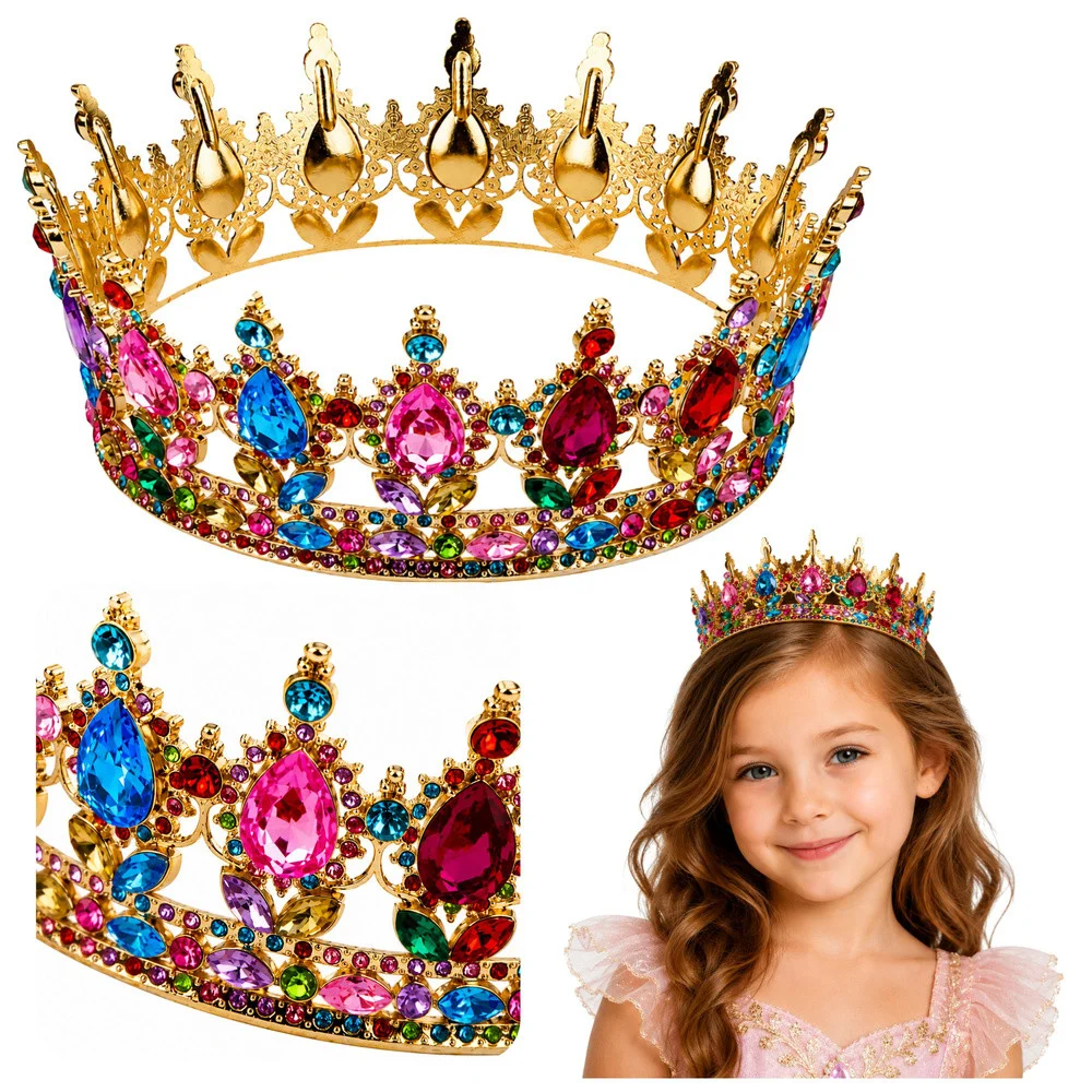 Metalna kruna princeze sa šarenim kristalima, zlatna, Ø 12,5 cm_1