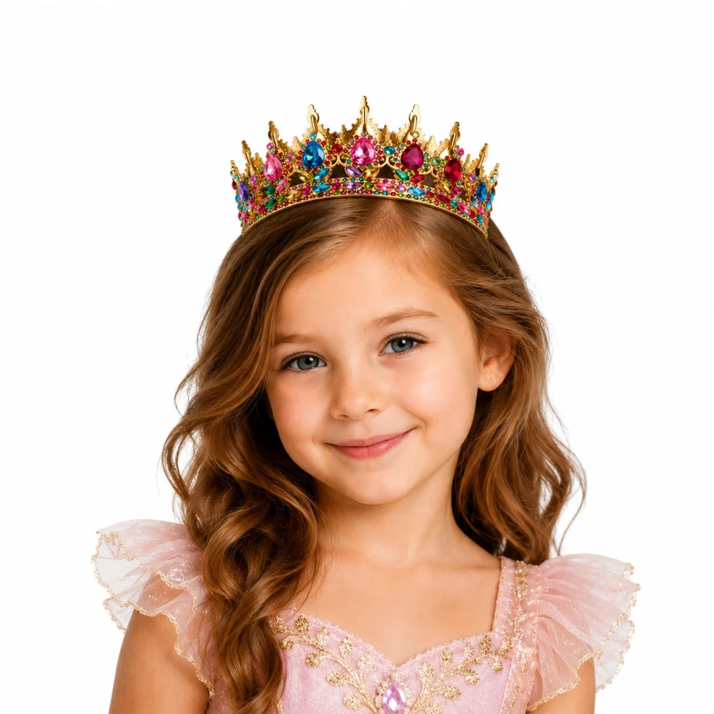 Metalna kruna princeze sa šarenim kristalima, zlatna, Ø 12,5 cm_2