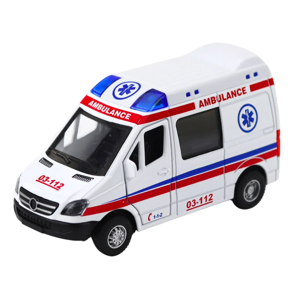Metalni automobil hitne pomoći 1:32, pogon na povlačenje, svjetla i zvukovi, bijeli_2