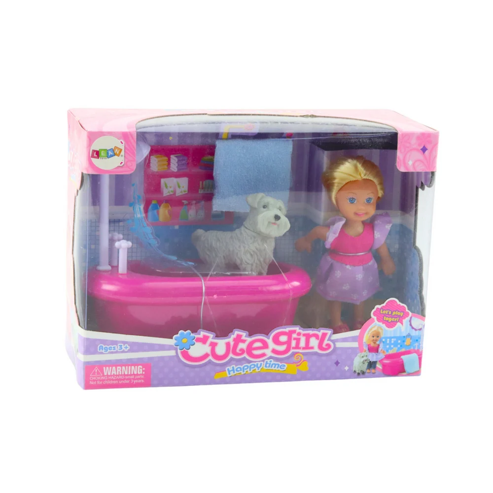 Mini set lutke s kadom, tušem i bijelim psom, ružičasti_3