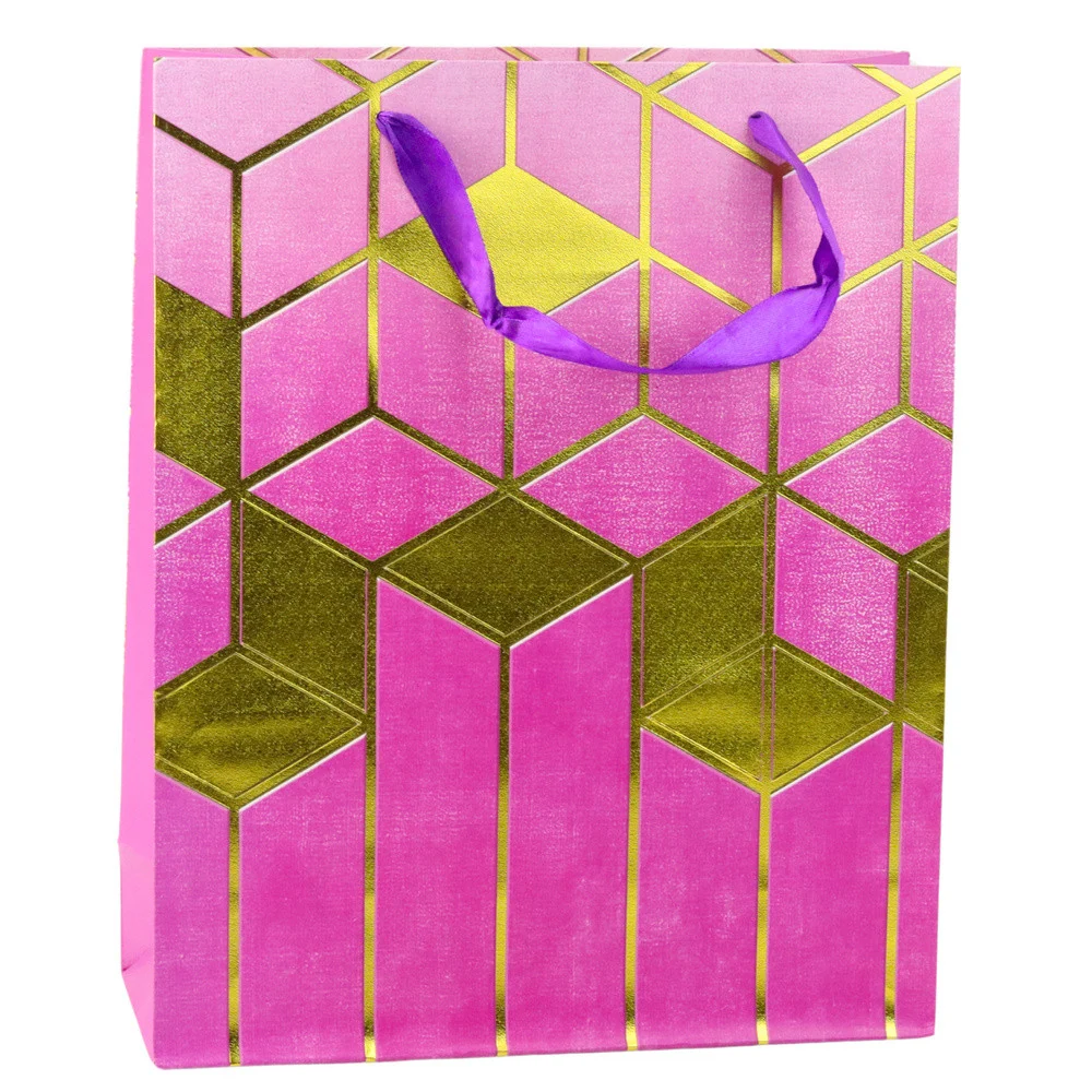 Papirnata poklon vrećica s geometrijskim uzorcima, zlatna, 32 x 26 x 12 cm_2